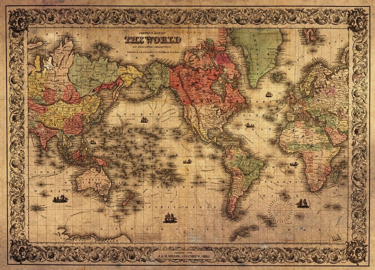 1852 Coltons Vintage Map of the World Antiqued Poster Print by Colton Colton # FAS2040